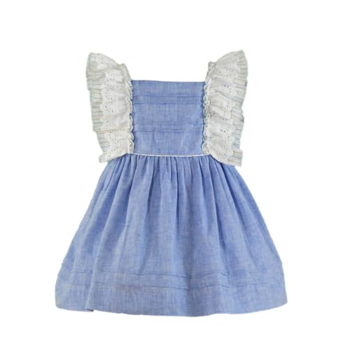 Genérico Vestido Infantil de Lino Azul con Lazo a Rayas y Encaje, 4 Años, Diseño Español