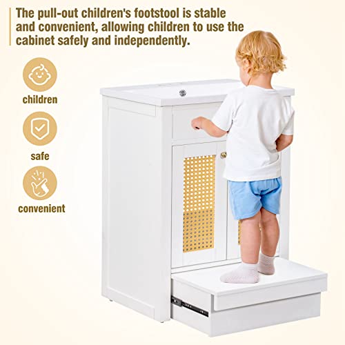 Bnsply 24 Inch Bathroom Vanity With Sink Combo, White Bathroom Cabinet With Resin Sink And Pull-Out Footrest, Freestanding Bathroom Vanity And Single Sink Set With Rattan Door And Solid Wood Frame #TOP3