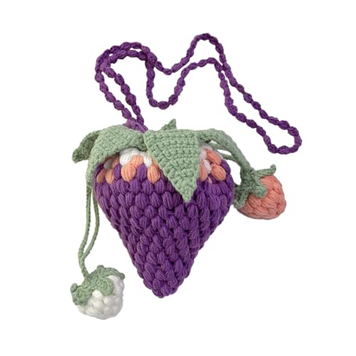 Image of Handmade Knitted Shoulder Bag Crochet Strawberry Purse for Women | Crossbody Bucket Bag, Drawstring Secure Closure, Soft Lightweight Fabric, Daily Party Holidays