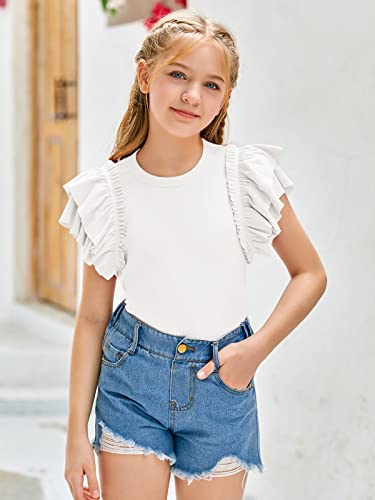Girls Ruffle Short Sleeve Shirts Mock Neck Ribbed Knit Summer Pullover Tops White #TOP3