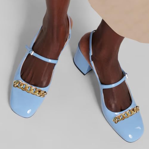 FSJ Women Stylish Slingback Heels Block Chunky Heel Pumps Square Toe Metal Chain Work Dress Shoes Size 4-16 US2