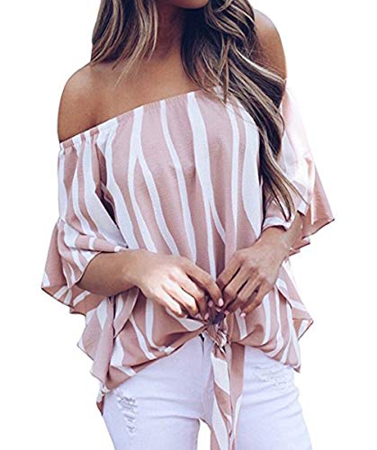 Womens Casual Chiffon Blouses Striped Bell Sleeve Elegant Shirts Top Pink L