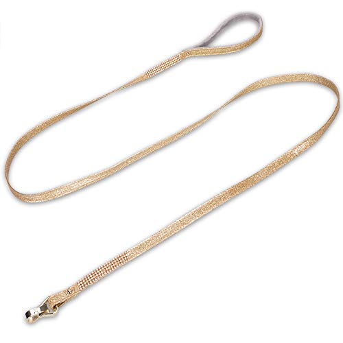 Image of Dog Leash, [Bling Rhinestones] Premium PU Leather Durable and Soft 5 FT Lead for Control Safety Training, Walking for Small to Medium Dogs Gold