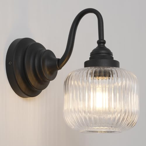Image of Vintage Industrial Wall Sconce Lighting with Clear Striped Glass Shade, Hardwired Wall Vanity Light Fixture for Bathroom Kitchen Living Room Bedroom Hallway