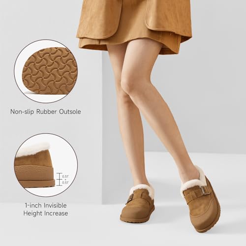 Image of BEAU TODAY Women Winter Loafers,Platform Suede Leather Comfortable Loafers for Women,Slip On Cute Fur Lined Adjustable Loafers Mules
