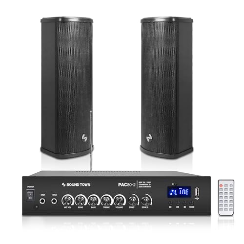 Sound Town Commercial Restaurant Bluetooth Amplifier + Column Speaker Set, with One 2-Zone 70V/100V Amplifier with Bluetooth, 2 x All-Weather Dual 5-Inch Column Speakers, Black (PAC80X2CL25B)