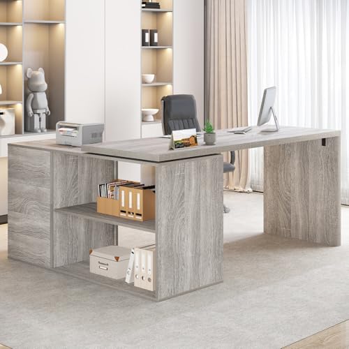 Image of HSH L Shaped Computer Desk Corner Home Office Desk with Drawers 140cm Grey