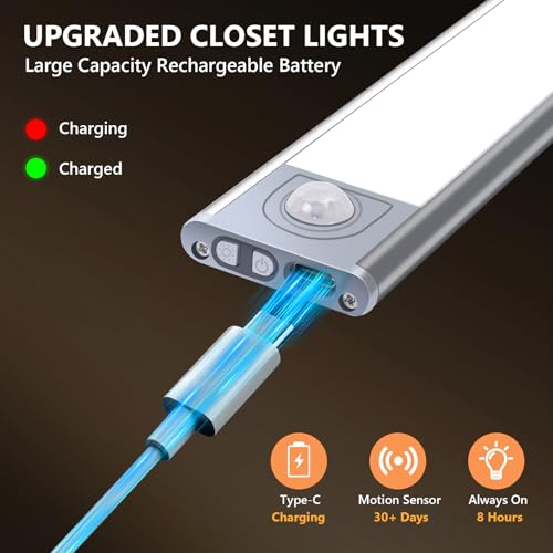 Image of Under Cabinet Lighting Wireless 4Pack, 3 Color Temps Motion Sensor Light Indoor, 8 inch Dimmable Closet Lights Battery Operated, Rechargeable LED Magnetic Light, Under Counter Lights for Kitchen, Stairs