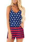 RAISEVERN 4th of July Women Romper American Flag Summer Casual Cute Short Jumpsuit Stars Striped Printed Adjustable Spaghetti Straps Loose Home V Neck Sleeveless Beach Cami Rompers with Pocket