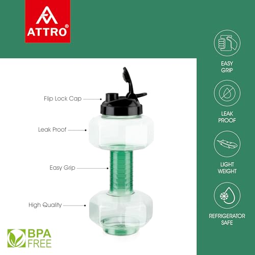 Image of Attro Dumbbell Water Bottle 2 Liter Plastic Bottle with Grip Handle Stylish Bottle for Gym Lover BPA Free, Food Grade, Leakproof- Green