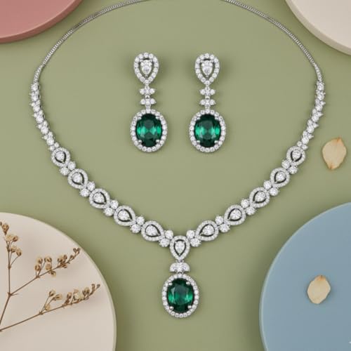 Image of American Diamond Necklace Set | CZ Stones, Rhodium-Plated Finish | Bridal Jewelry with Earrings for Weddings, Parties & Festivals