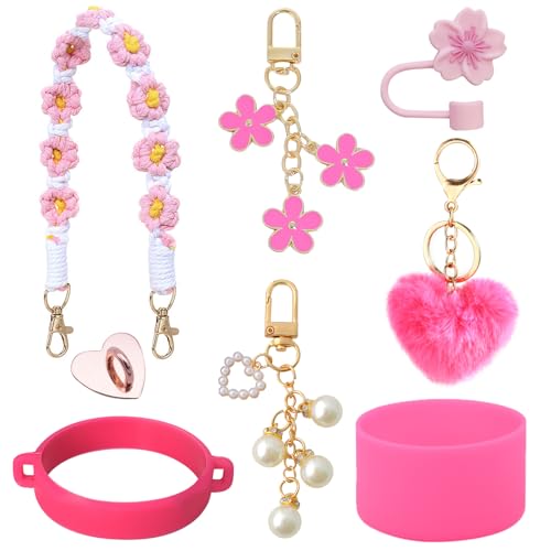 HTTDSLF Cup Accessories Set, 8 Pcs Accessories Set for Cups, Water Bottle Handle Strap, Siliocne Straw Cover Boot, Straw Cover Cap, Charms for Cups 40 Oz & 30 Oz, Cup Decor, Rose Pink