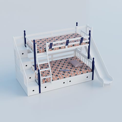 Image of Wudniture Solid Sheesham Wood Bunk Bed for Kids and Adults with Storage | Bunk Bed with Slide | Natural White and Blue