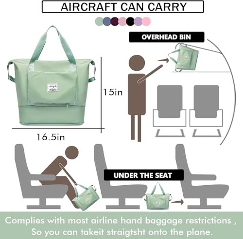 Image of Nylon 41L Expandable Travel Bag for Women, Foldable Waterproof Duffle Bag, Lightweight Carry-On Luggage with Wet Pocket, Vanity Handbag for Travel & Gym (Green, 41 Liter)