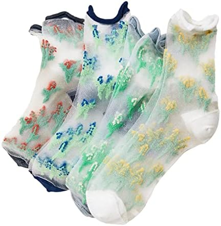 Womens Girls Sheer Socks Colorful Lace Mesh Socks Novelty Pretty Cute Floral Transparent See Through Crew Socks Ultra Thin Silk Socks Nylon Flower Patterned Dress Socks Gift, 4 Pack-Little Flowers