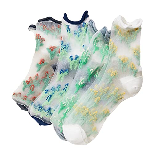 Womens Girls Sheer Socks Colorful Lace Mesh Socks Novelty Pretty Cute Floral Transparent See Through Crew Socks Ultra Thin Silk Socks Nylon Flower Patterned Dress Socks Gift, 4 Pack-Little Flowers #TOP27