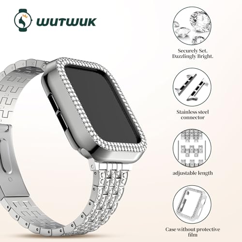 Image of wutwuk Diamond Band with Bling Case Compatible with Apple Watch Bands for Women 45mm, Sparkly Metal Strap with Crystal Protective Bumper for iWatch Series 9 8 7, 45mm Silver