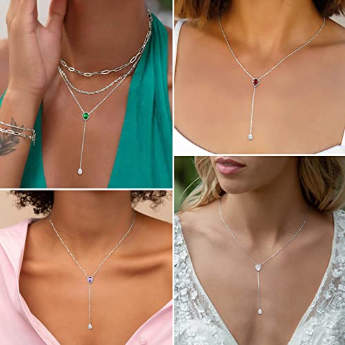 FOCALOOK 925 Sterling Silver Birthstone Long Pendant Necklace 16"-18" Y Drop Adjustable CZ Teardrop Lariat Necklaces for Women Mom Birthday Jewelry2