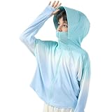 [Kuhvvse] 日焼け止めパーカー キッズ UVカット 接触冷感 通気速乾 ラッシュガード 女の子 男の子 upf50+ 長袖 髪穴付きフード 立ち襟 薄手 適応身長110～160(150 ライトブルー)