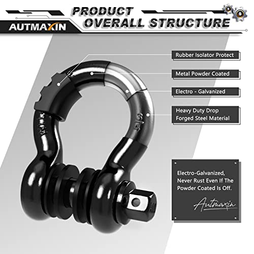 Autmaxin D Ring Shackles 3/4" Shackle (2 Pack) - 58,000Ibs Break Strength With 7/8" Anti-Loose Security Pin, Shackle Isolator Washer Kits For Tow Strap Winch Off-Road Vehicle Recovery, Gloss Black #TOP3