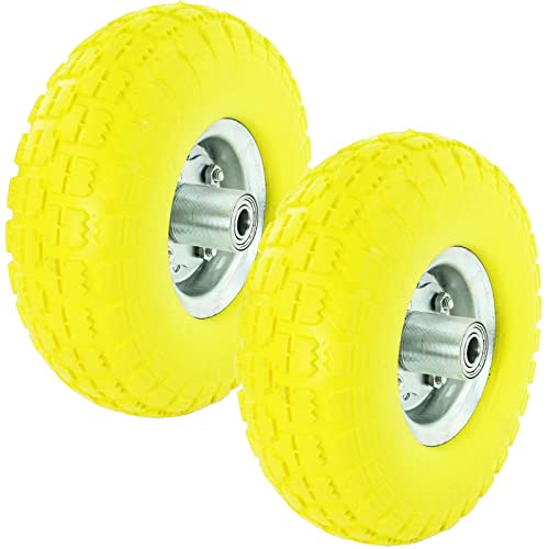 SPARES2GO 10 Solid Yellow 4.10/3.50-4 Rubber Wheelbarrow Tyre & Axle Wheel Bearing for Cart Barrow Trolley (Pack of 2)
