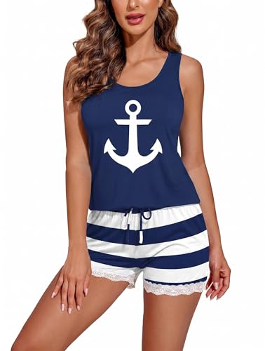 Image of Ekouaer Womens Pajama Sets Sleeveless Tank Top and Shorts Pj Set Lace Hem Sleepwear S-XXXL