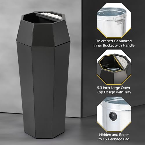 Image of Dyna-Living Commercial Trash Can Large Garbage Can with Lid, Open-top Tall Stainless Steel Trash Bin Industrial Garbage Container for Patio Lobby, Black