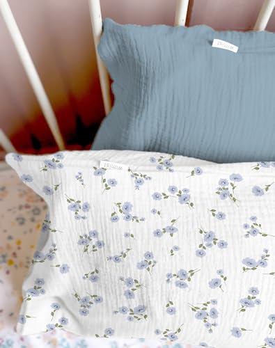 Image of Toddler Pillowcases for 13 inchx18 inch Pillow 2 Pack, Muslin Small Toddler Baby Kids Travel Pillow Covers for Boys Girls with Envelope Closure (Flower I & Light Blue, 13 x 18 Inch)