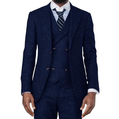 Suit for Men 3 Piece Slim Fit Herringbone Tweed Wool Single Breasted Suits Blazer+Vest+Pants