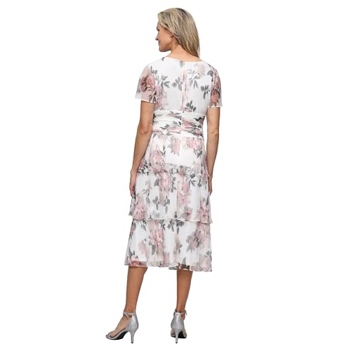Image of S.L. Fashions Women's Short Sleeve V-Neck Midi Cocktail Dress W /Ruched Waist, Wedding Guest Gown (Petite and Regular Sizes)