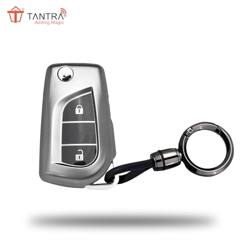 Image of SIAGO TPU Key Cover and Round Keychain Compatible for Toyota Corolla | Altis | Innova Crysta 2 Button Car Smart Key (Grey)