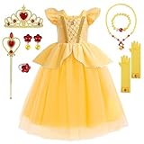 YYDSXK Disfraz Bella y Bestia Niña con Conjuntos de Collar de Corona Princesa, Vestido Princesa Niña, Rosa Bella y Bestia Vestido Elegante para Fiesta Cosplay Cumpleaños
