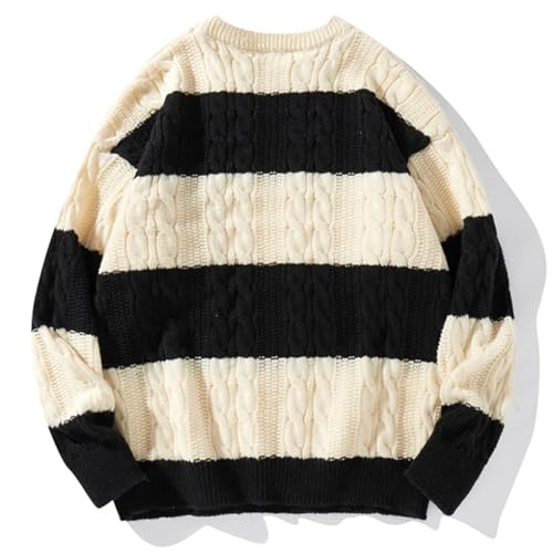 Men Fall Winter Color Blocking Stripe Knit Sweater Retro Style Loose Round Neck Knit Pullovers3