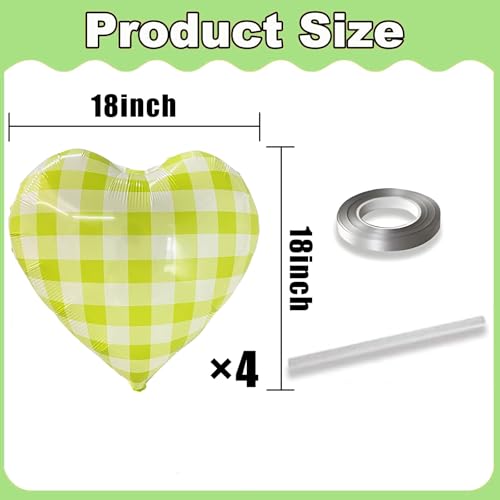 Image of 4pcs 18 inch Yellowish Green Heart Checked Balloons Striped Plaid Heart Balloons for Spring Party Decorations Picnic Party Decor Love Theme Birthday Party Wedding Baby Shower Versatile Party Decor