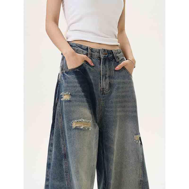 Women's Patchwork Torn Hole Spray Painted Vintage Jeans Y2K Loose Wide Leg Hanging Feeling Long Pants3