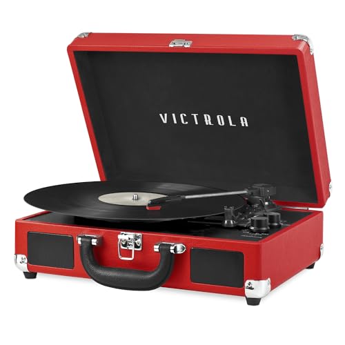 Victrola Journey – Tocadiscos portátil Tipo Maleta Bluetooth con Altavoces Integrados, 3 velocidades, Salida RCA y Jack para Auriculares (Rojo)