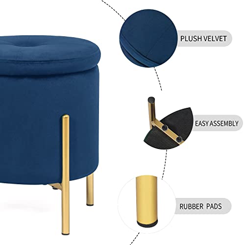 Adeco Upholstered Tufted Round Storage Ottomans, Navy Modern Velvet Footrest Ottomans With Storage For Couch #TOP4