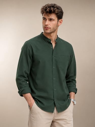 Image of Veirdo Men's Stylish Solid Casual Shirt | Chinese Collar Pure Cotton | Available in Black, Brown, Rust, Olive, White & Navy | Sizes S to XXL