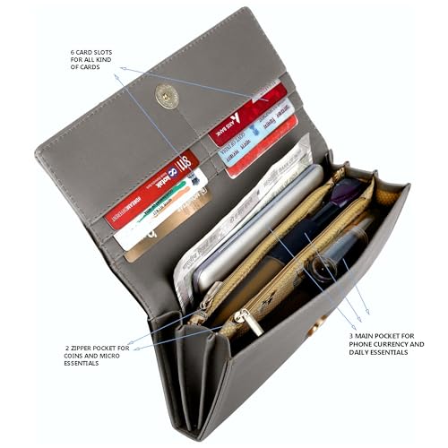Image of ALSU Women's Hand Wallet Purse Clutch | Phone Pocket | Coin Compartment | Credit Card Slots| Zipper Pocket| Office use| Casual use| Faux Leather (Grey)