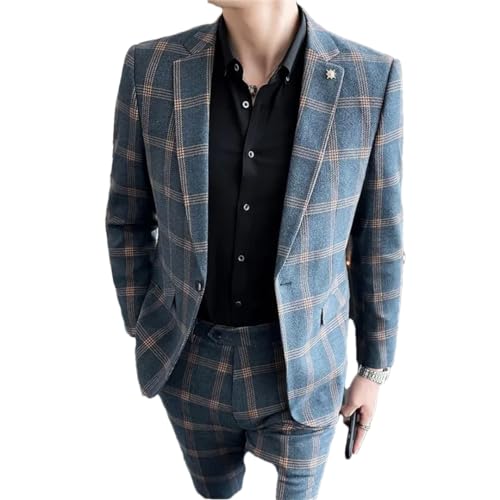 Generic Men's (Suit + Trousers) Single Button Plaid Business Formal Dress Banquet Dress Two-Piece Suit Blue 4XL