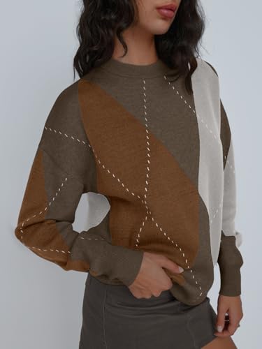 Image of Trendy Queen Women's Color Block Argyle Plaid Oversized Chunky Knit Crewneck Sweaters 2025