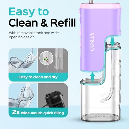 Image of COSLUS T40 Mini Water Flosser for Travel, Portable Compact Design | Cordless Oral Irrigator, Built-in Tip Storage, 4 Modes for Braces, Orthodontic, Sensitive Teeth, On-the-Go Use, Pink Purple