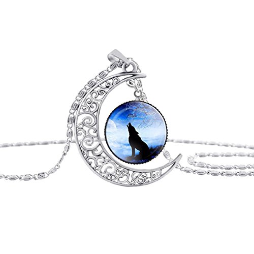 Linsh Dome Moon Howling Wolf Time Gems Pendant Necklaces Hollow Out Carved Fashion Jewelry(Style 3)