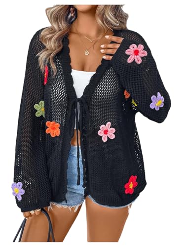Verdusa Women's Plus Size Floral Crochet Knit Cardigan Bow Tie Front Lightweight Sweaters