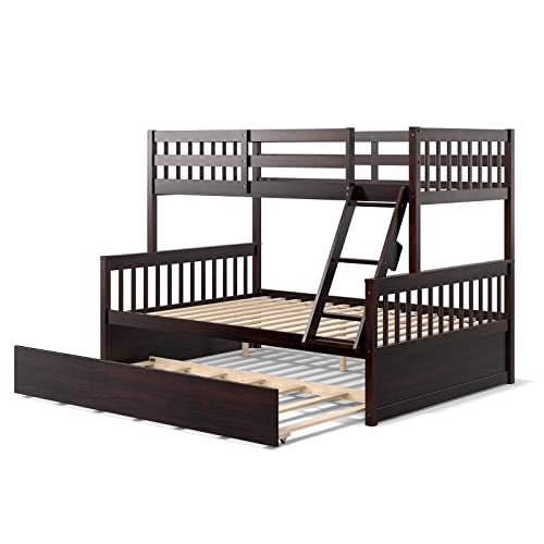 Komfott Wood Bunk Bed With Trundle Twin Over Full, Bunk Bed Frame With Solid Pine Wood Frame, Space-Saving Bunk Bed With Ladder & Safety Guardrails, No Box Spring Needed  #TOP6