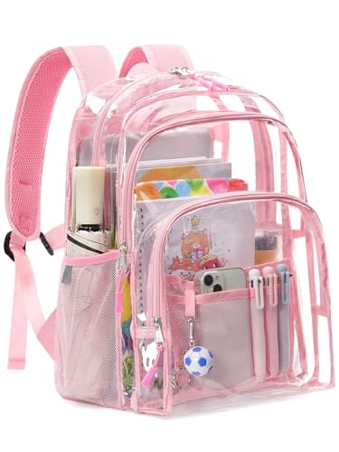 Flowston Double Layer Large Clear Backpack 17 inch Transparent TPU Clear Bookbag Heavy Duty See Through Backpack for College Work Travel Casual Sport Pink