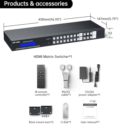 Image of MT-VIKI 4K HDMI Matrix Switch 8X8 w /Web GUI & Audio Extraction w /Remote, 4K@30Hz, Rack Mount Switcher & Splitter, EDID, RS232, LAN Port, APP, Fit 1U 19'' Rack for Conference Room, Church, Bar
