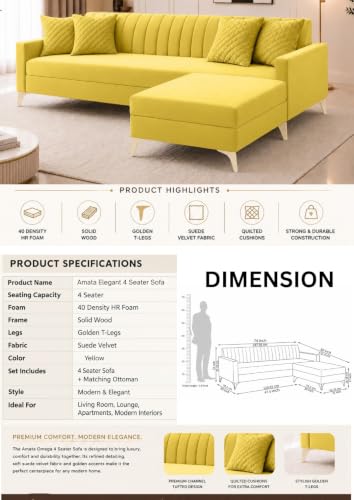 Image of AMATA Falcon ele 4 Seater Fabric Suede Velvet Yellow Colour Sofa Set with Four Cushions Perfect for Home Office Guests Living Room (Falcon Yellow 01, Falcon 4 Seater l Shape)(3 Year Warranty)