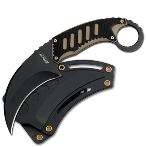 MTECH USA Fixed Blade Karambit Knife, 7.5” Overall Length, Black Stainless Steel Curved Blade, G10 Handle, Nylon Fiber Sheath (Black & Tan)