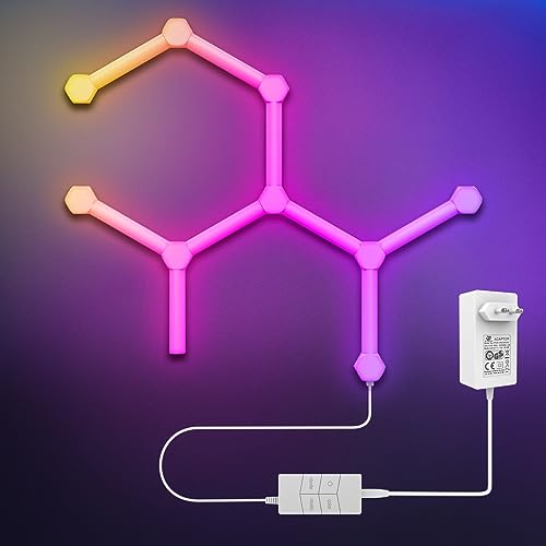 Aogled Apliques Hexagonales LED Strip Light Smart Wi-Fi RGB Paneles de luz con decoración de bricolaje,detección de atmósfera,para sala de estar sala de deportes electrónicos,9 + 9 paneles